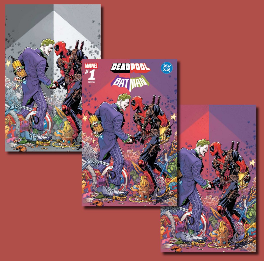 MARVEL/DC: DEADPOOL/BATMAN #1 GLEASON - 616 SHARED EXCLUSIVE - TRADE DRESS, VIRGIN & COLOR SPLASH - SET OF 3